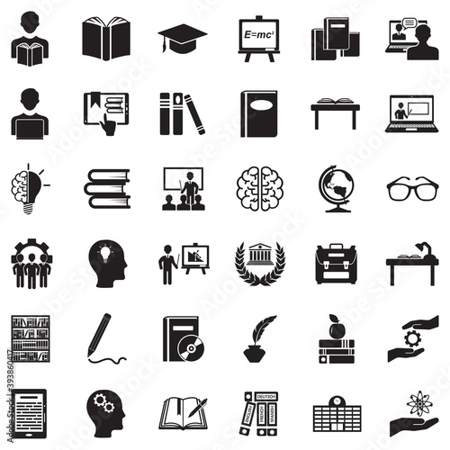 Learning Icons. Black Flat Design. Vector Illustration.