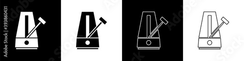 Set Classic Metronome with pendulum in motion icon isolated on black and white background. Equipment of music and beat mechanism. Vector.