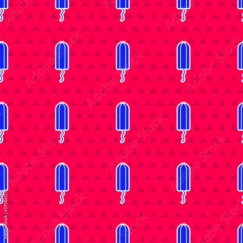 Blue Menstruation and sanitary tampon icon isolated seamless pattern on red background. Feminine hygiene product. Vector.