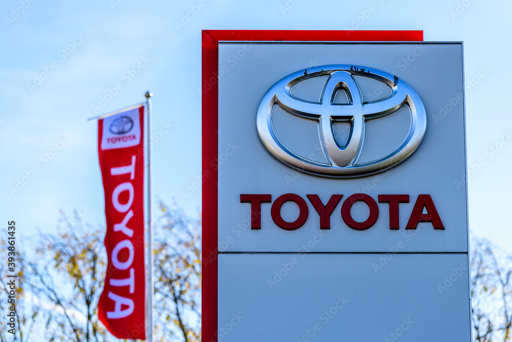 Northampton, UK Oct 25, 2017 Toyota car dealer logo at Riverside