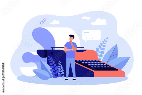 Pensive tiny author thinking over script, using retro typewriter with paper. Vector illustration for screenwriter, screenplay, writing job concept