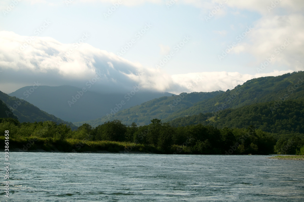 River Malkinskaya Bystraya in summer cloudy day