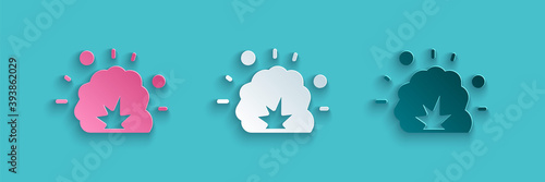 Paper cut Bomb explosion with shrapnel and fireball icon isolated on blue background. Paper art style. Vector.