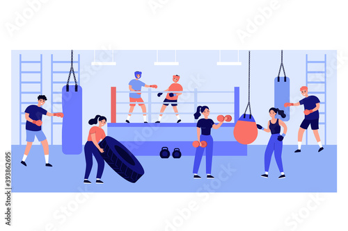 Active people exercising in fight club, training with punching bags, turning huge tire, fighting on ring. Vector illustration for fight club, gym, boxers training concept