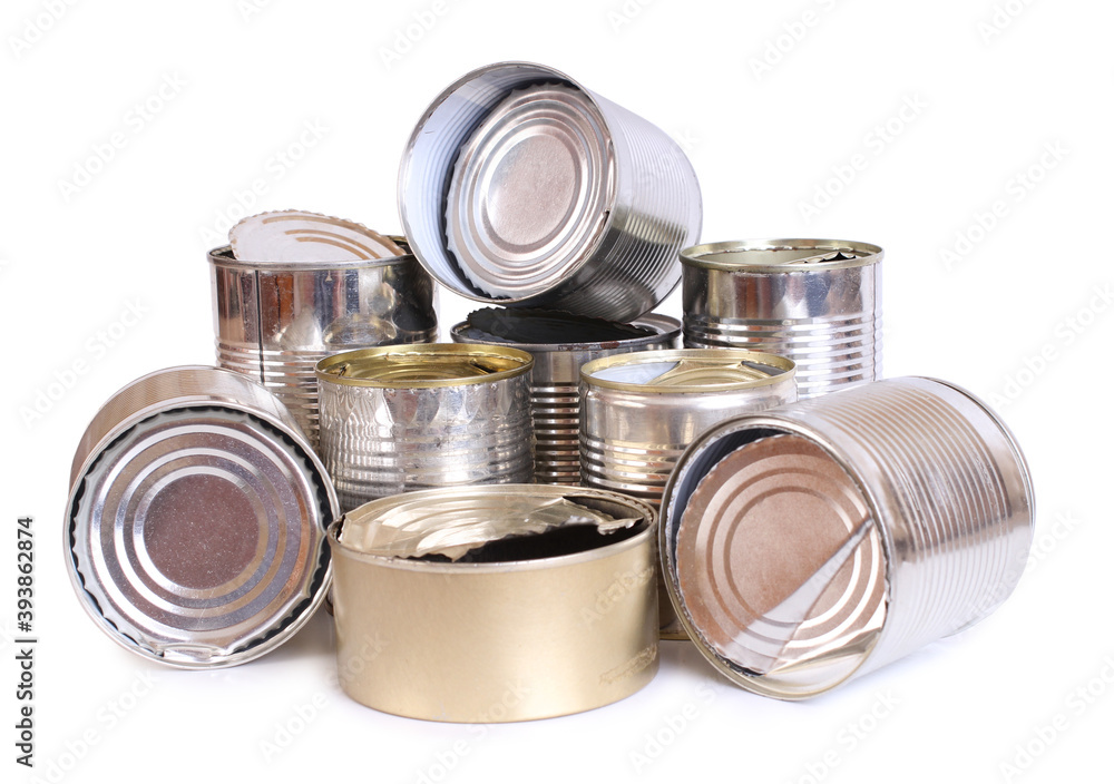 Heap of old empty cans on a white background. Isolated objects Heap of old empty cans on a white background. Isolated objects