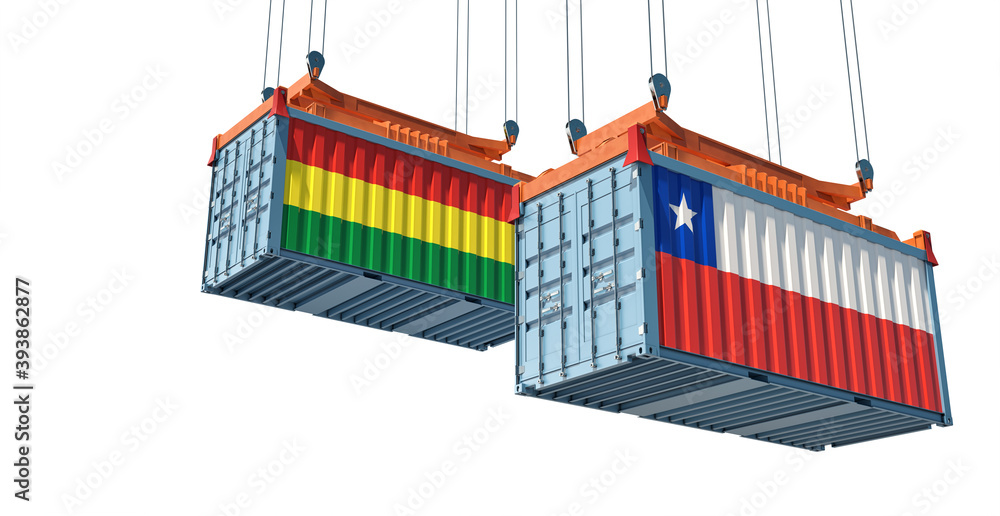 Freight containers with Chile and Bolivia national flags. 3D Rendering Freight containers with Chile and Bolivia national flags. 3D Rendering