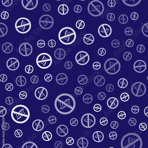 White Stop GMO icon isolated seamless pattern on blue background. Genetically modified organism acronym. Dna food modification. Vector.