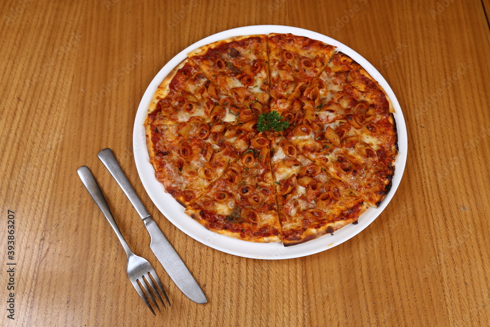 Thin Crust Veg Pizza with pasta toppings Thin Crust Veg Pizza with pasta toppings
