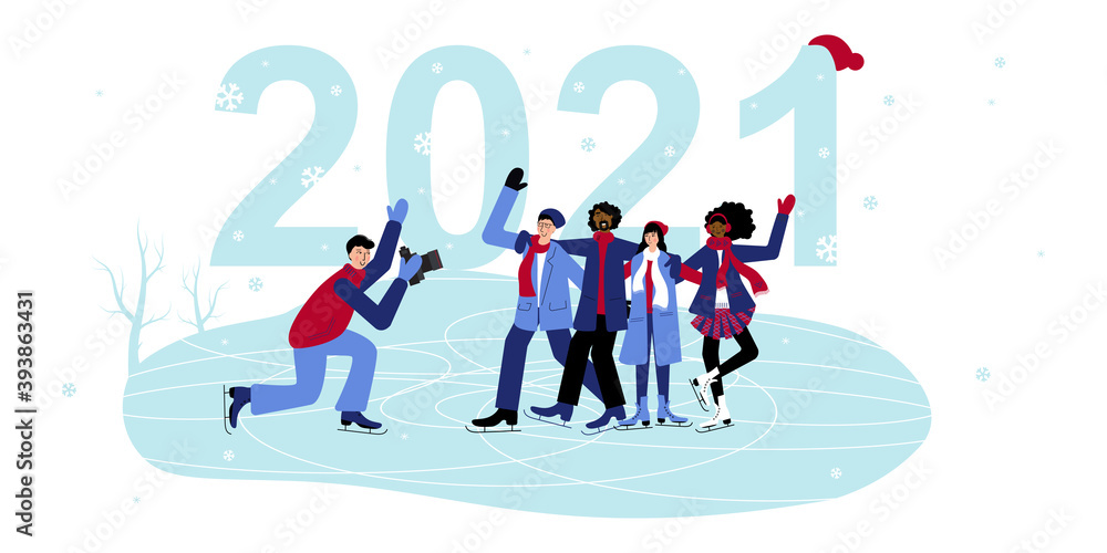 Multinational Group of Friends are Skates on the Ice, takes Photos and Celebrates New 2021 Year. Happy Girls and Boys are Posing. Multinational Group of Friends are Skates on the Ice, takes Photos and Celebrates New 2021 Year. Happy Girls and Boys are Posing.