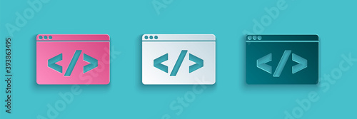 Paper cut Web design and front end development icon isolated on blue background. Paper art style. Vector.