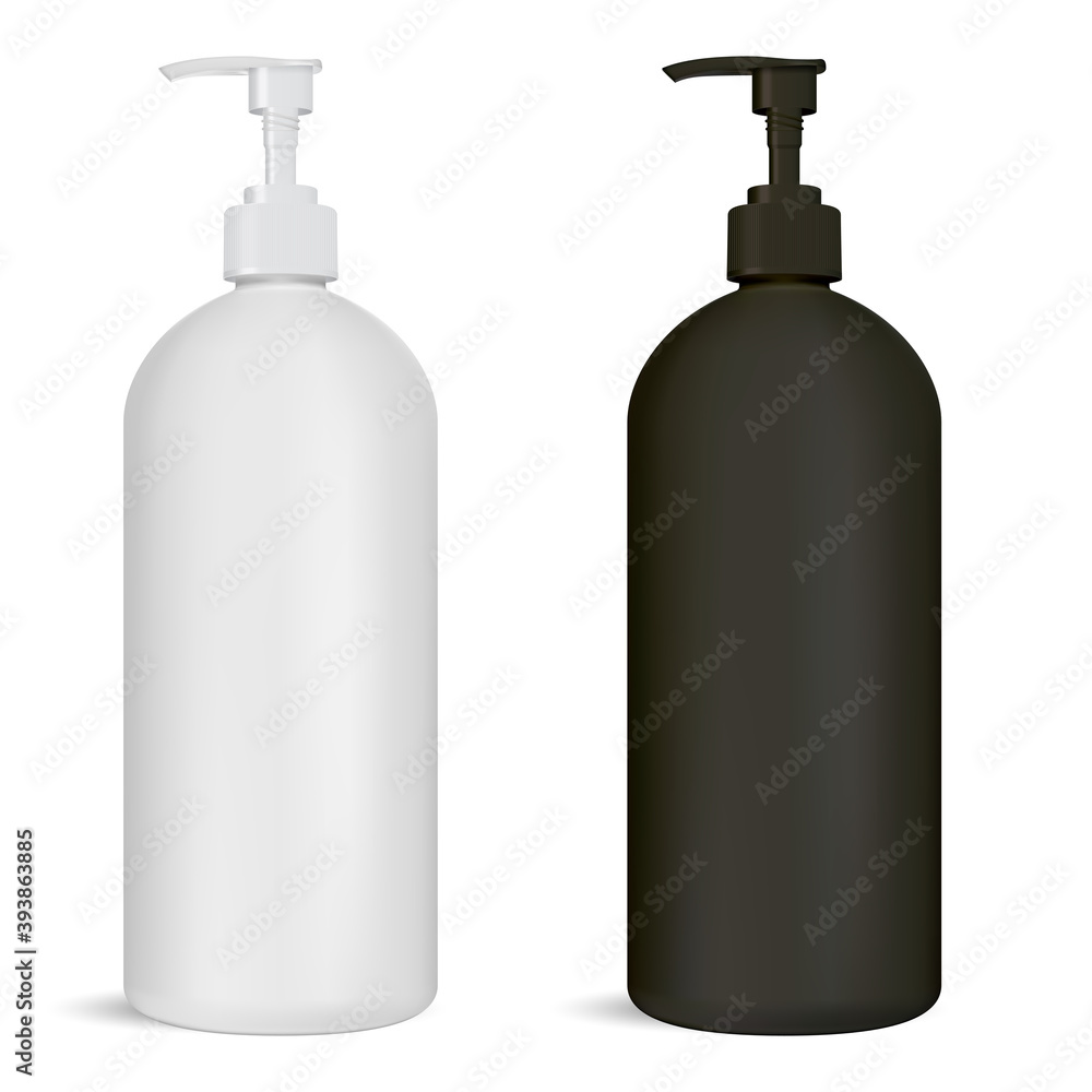 Black and white pump bottle set. Cosmetic package with dispenser cap for shampoo or liquid soap. Hand cleanser container with batcher valve for pharmacy or medicine. Isolated tube mock up Black and white pump bottle set. Cosmetic package with dispenser cap for shampoo or liquid soap. Hand cleanser container with batcher valve for pharmacy or medicine. Isolated tube mock up