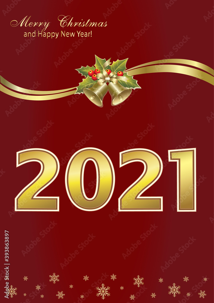Merry Christmas and Happy New Year 2021. Christmas background with 2021 gold numbers decorated with ribbon and bells. Vector illustration Merry Christmas and Happy New Year 2021. Christmas background with 2021 gold numbers decorated with ribbon and bells. Vector illustration