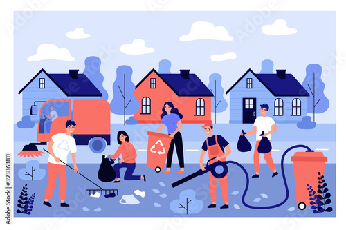 Group of janitors cleaning city street from garbage. Volunteers collecting trash with rakes, plastic bags, bins. Vector illustration for trash collection, recycling, litter pick concept