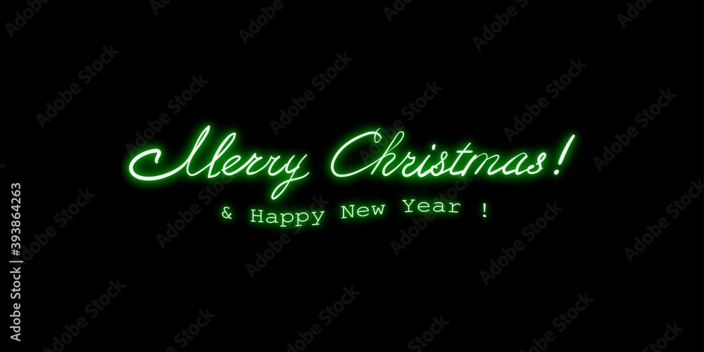 Merry Christmas and Happy New Year, neon lettering hand drawn calligraphy isolated on black background. Design for greeting card, banner or poster, vector