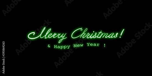Merry Christmas and Happy New Year, neon lettering hand drawn calligraphy isolated on black background. Design for greeting card, banner or poster, vector