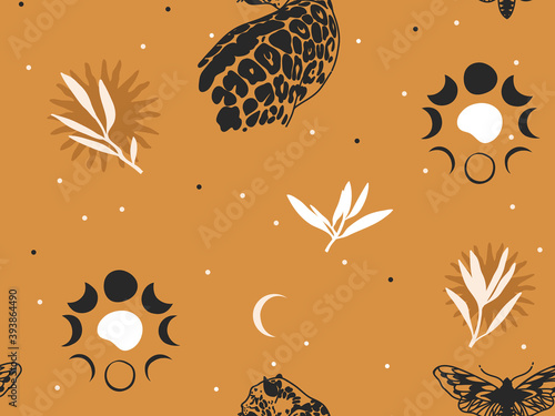 Hand drawn vector abstract flat stock graphic icon illustrations seamless pattern with celestial moon,sun,tropical palm leaf and starsleopard and,mystic and simple shapes isolated on color background