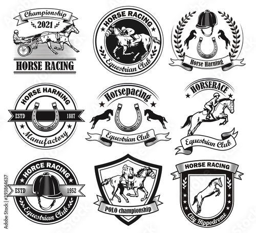 Vintage badges for equine club vector illustration set. Monochrome jockey polo tournament signs. Horse races and racing school concept can be used for retro template, banner or poster