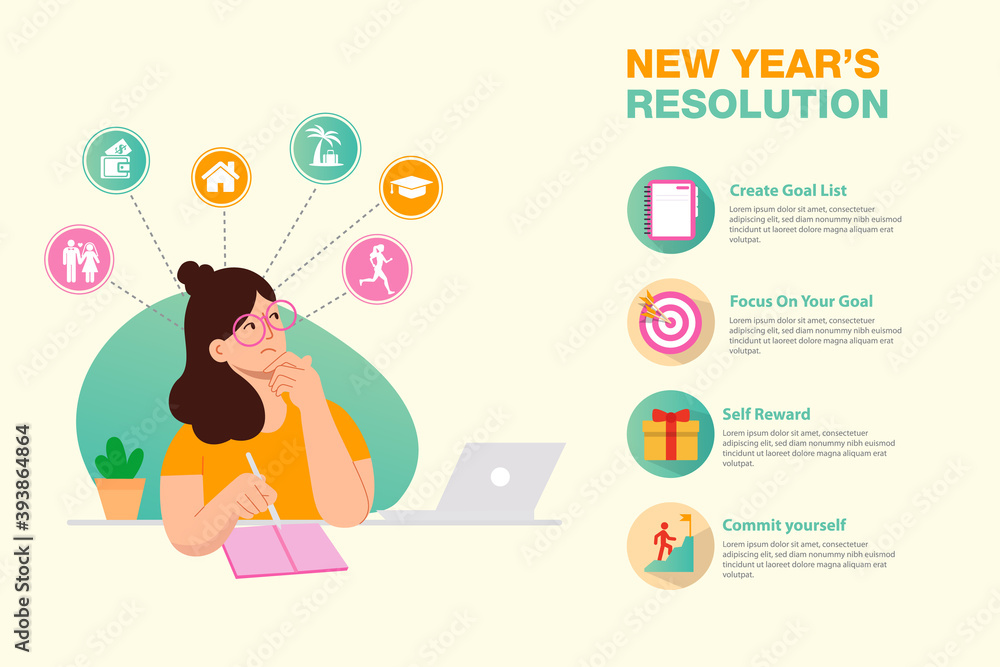 New years resolution and goals infographic. young woman with pen writes New years resolution and goals infographic. young woman with pen writes