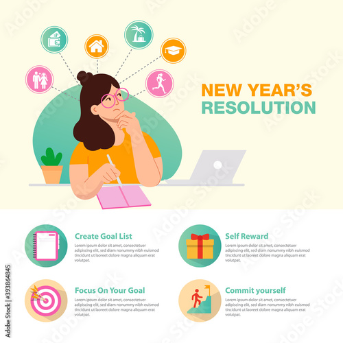 New years resolution and goals infographic. young woman with pen writes