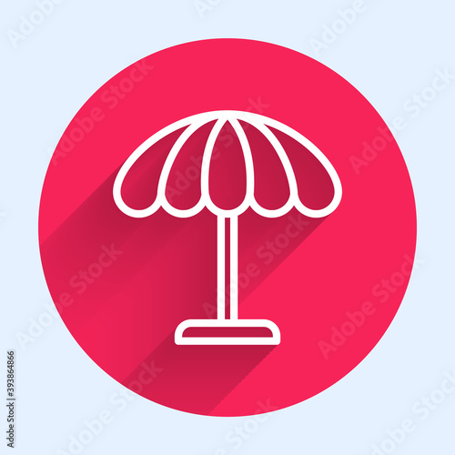 White line Sun protective umbrella for beach icon isolated with long shadow. Large parasol for outdoor space. Beach umbrella. Red circle button. Vector Illustration.
