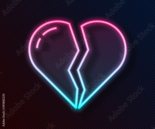 Glowing neon line Broken heart or divorce icon isolated on black background. Love symbol. Valentines day. Vector.