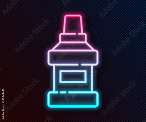 Glowing neon line Mouthwash plastic bottle icon isolated on black background. Liquid for rinsing mouth. Oralcare equipment. Vector.