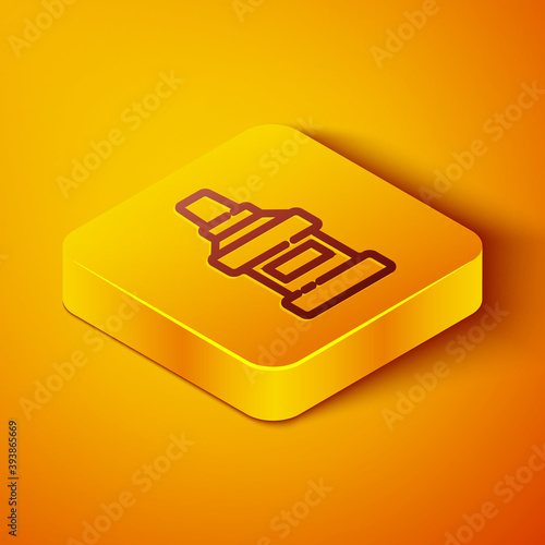 Isometric line Mouthwash plastic bottle icon isolated on orange background. Liquid for rinsing mouth. Oralcare equipment. Yellow square button. Vector.