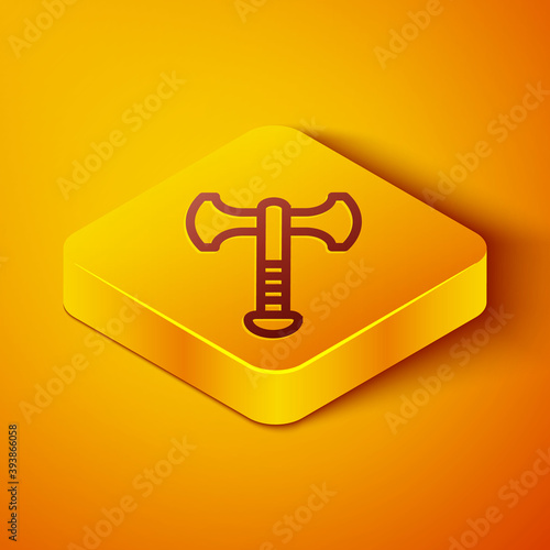 Isometric line War axe icon isolated on orange background. Battle axe, executioner axe. Medieval weapon. Yellow square button. Vector.