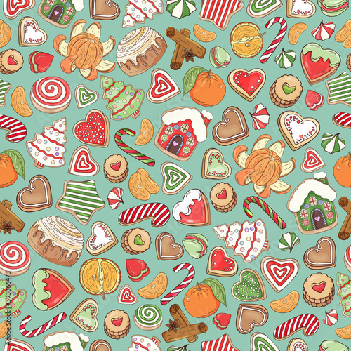 Christmas  treats pattern. Colorful holiday New year icons, cookies, gingerbread house, candy cane, striped cookies, citrus, christmas tree. Hand drawn gingerbread cookies and xmas sweets, food textu