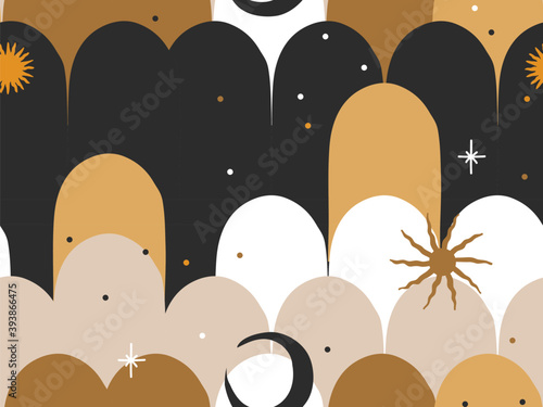 Hand drawn vector abstract flat stock graphic icon illustrations seamless pattern with celestial moon phases,sun and stars, mystic and simple collage shapes isolated on color background