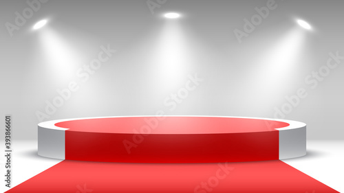 Round podium with red carpet. Pedestal with spotlights. Vector illustration.
