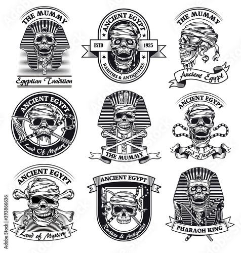Retro ancient Egypt stickers vector illustration set. Vintage monochrome pharaoh mummy skull isolated vector illustration collection. Egyptian traditions concept can be used for template