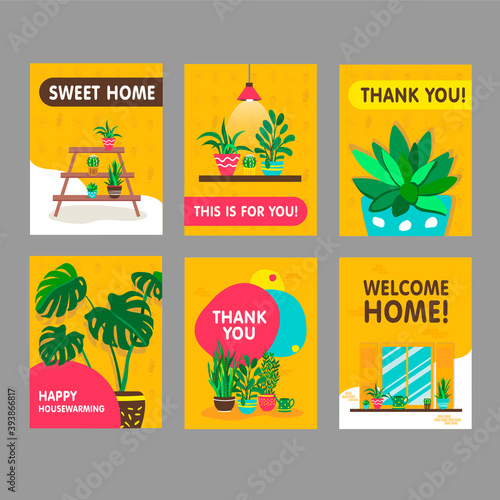 Greeting cards with home plants set. Houseplants with pots vector illustrations with thank you and welcome home text. Home and housewarming concept for postcards design