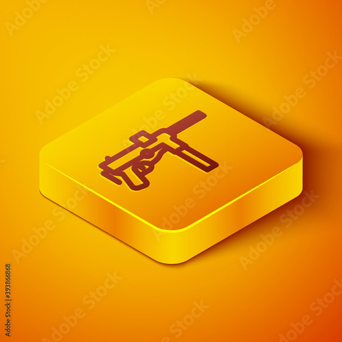 Isometric line Submachine gun M3, Grease gun icon isolated on orange background. Yellow square button. Vector.