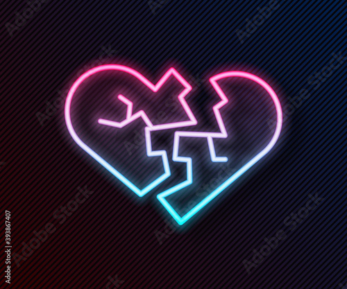 Glowing neon line Broken heart or divorce icon isolated on black background. Love symbol. Valentines day. Vector.