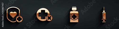 Set Shield and heart rate, Cross hospital medical, Bottle of medicine syrup and Syringe icon with long shadow. Vector.