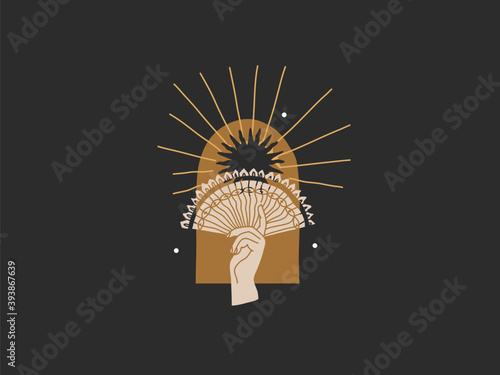 Hand drawn vector abstract stock flat graphic illustration with logo elements ,gold sun and female hand in arch , magic line art in simple style for branding ,isolated on black background