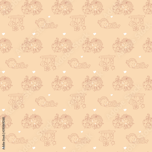 Seamless patterns. Cute baby in pajamas sleeps on a pillow. Decorative illustrations on a light orange background with toys and rattles. outline. Vector. Kids collection for textiles, decor, textiles