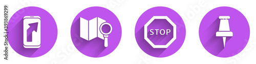 Set City map navigation, Search location, Stop sign and Push pin icon with long shadow. Vector.