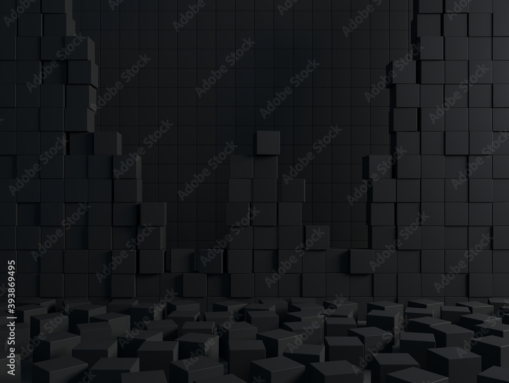 Abstract black cubes design background; dark cubes from broken and cracked wall; chaotic blocks; sci fi cubes as futuristic background; 3d rendering, 3d illustration Abstract black cubes design background; dark cubes from broken and cracked wall; chaotic blocks; sci fi cubes as futuristic background; 3d rendering, 3d illustration