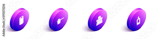 Set Isometric Paper towel roll, Washing powder, Handle broom and Bottle for cleaning agent icon. Vector.