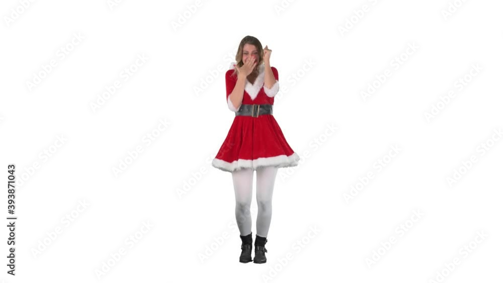Surprised and shocked cheerful Santa Claus girl in red Christmas costume looking at camera. Full length on white background Surprised and shocked cheerful Santa Claus girl in red Christmas costume looking at camera. Full length on white background