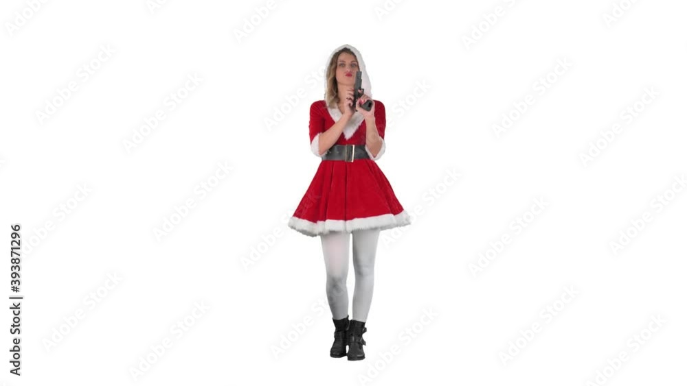 Young Santa Claus woman hiding gun behind back then aiming and shooting. Full length on white background Young Santa Claus woman hiding gun behind back then aiming and shooting. Full length on white background
