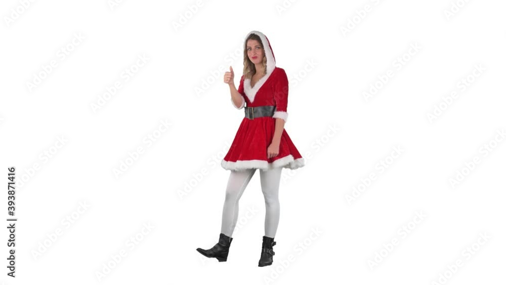 Santa Claus girl standing and hitchhiking with thumb up for journey. Full length on white background Santa Claus girl standing and hitchhiking with thumb up for journey. Full length on white background