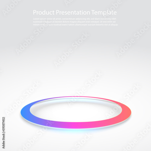 Round pedestal podium on white background. Futuristic product stand template. Glowing ring on floor. Abstract hi-tech background for display product. Circle teleport podium. Vector Illustration.