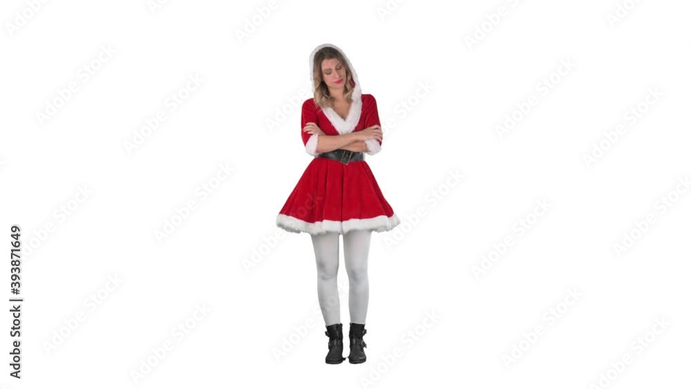 Sad Santa Claus girl with crossed hands looking down disappointed. Full length on white background Sad Santa Claus girl with crossed hands looking down disappointed. Full length on white background