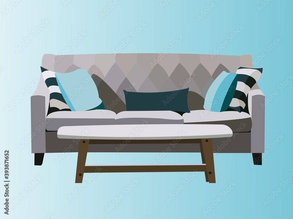 Vector of a comfortable sofa with small white table on blue background Vector of a comfortable sofa with small white table on blue background