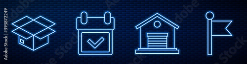 Set line Warehouse, Carton cardboard box, Calendar with check mark, Location marker and Placeholder on map paper. Glowing neon icon on brick wall. Vector.