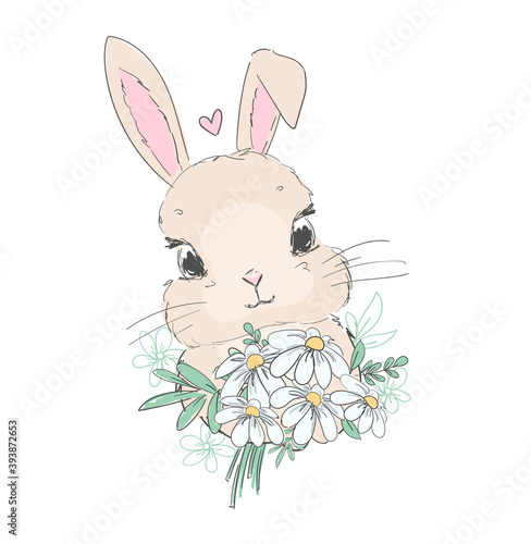 Hand drawn cute bunny and chamomile flower arrangement vector illustration rabbit childish print design