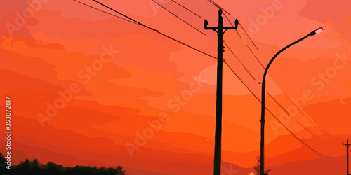 urban sunset illustration design template, with golden sky color